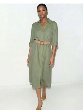 Love Tree Olive Green Midi Shirt Dress with Tan Belt M